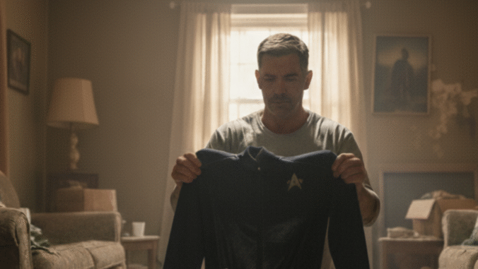 A man stands in a softly lit living room, holding a dark shirt with a star emblem. Warm sunlight filters through sheer curtains behind him, illuminating the cozy, vintage-styled space.