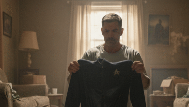 A man stands in a softly lit living room, holding a dark shirt with a star emblem. Warm sunlight filters through sheer curtains behind him, illuminating the cozy, vintage-styled space.