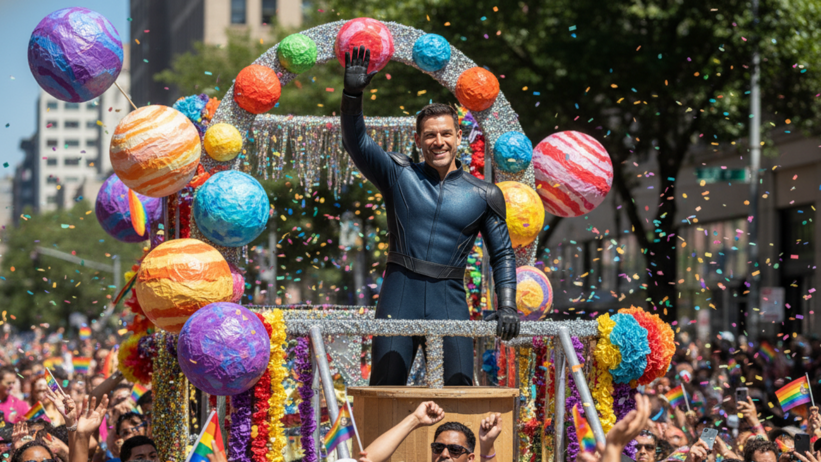 Captain Vesta standing on a Pride float in uniform, smiling and waving to the crowd.