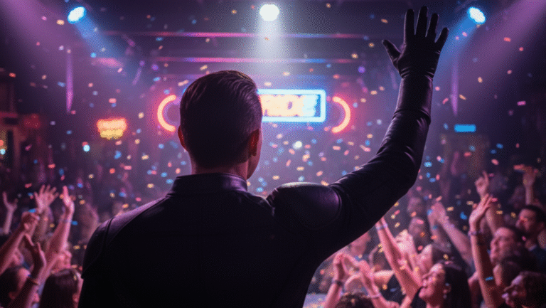 A view over Captain Vesta's shoulder of him waving at the crowd in a gay bar while wearing his uniform from Spacedock Omega.
