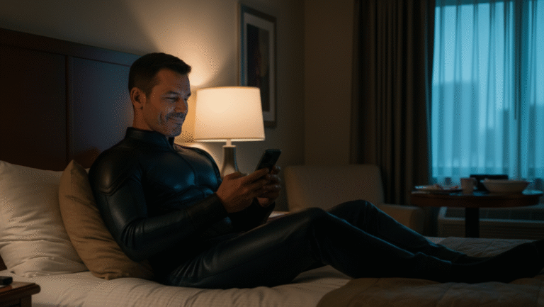 Captain Vesta sits on a bed in his hotel room still in uniform, looking at his phone and smiling.