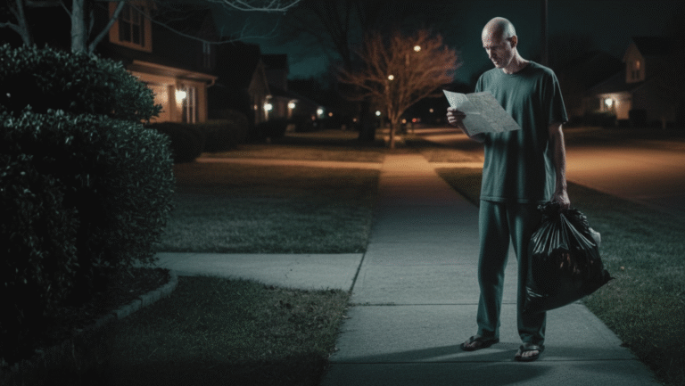 A man stands on a suburban sidewalk at night, holding a map and a large bag, illuminated by streetlights, with houses and a tree visible in the background.