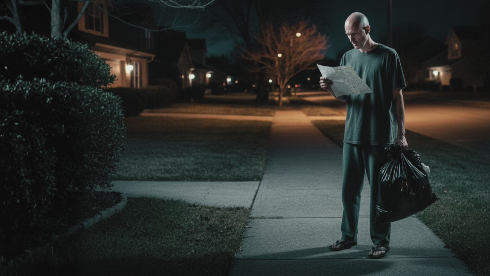 A man stands on a suburban sidewalk at night, holding a map and a large bag, illuminated by streetlights, with houses and a tree visible in the background.