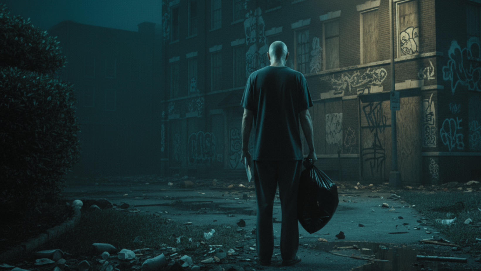 A person stands alone at night in front of an abandoned, graffiti-covered building, holding a large duffel bag. The ground is littered with debris, and the scene is dimly lit and eerie.