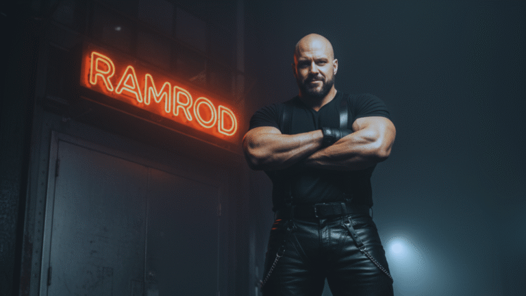 A muscular man in black leather pants and a tight t-shirt stands with arms crossed in front of a neon red RAMROD sign in a dimly lit, smoky room.