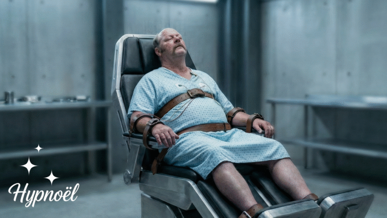 A man in a hospital gown is strapped to a reclining chair in a sterile, gray room, with his head tilted back and eyes closed, appearing unconscious or sedated.
