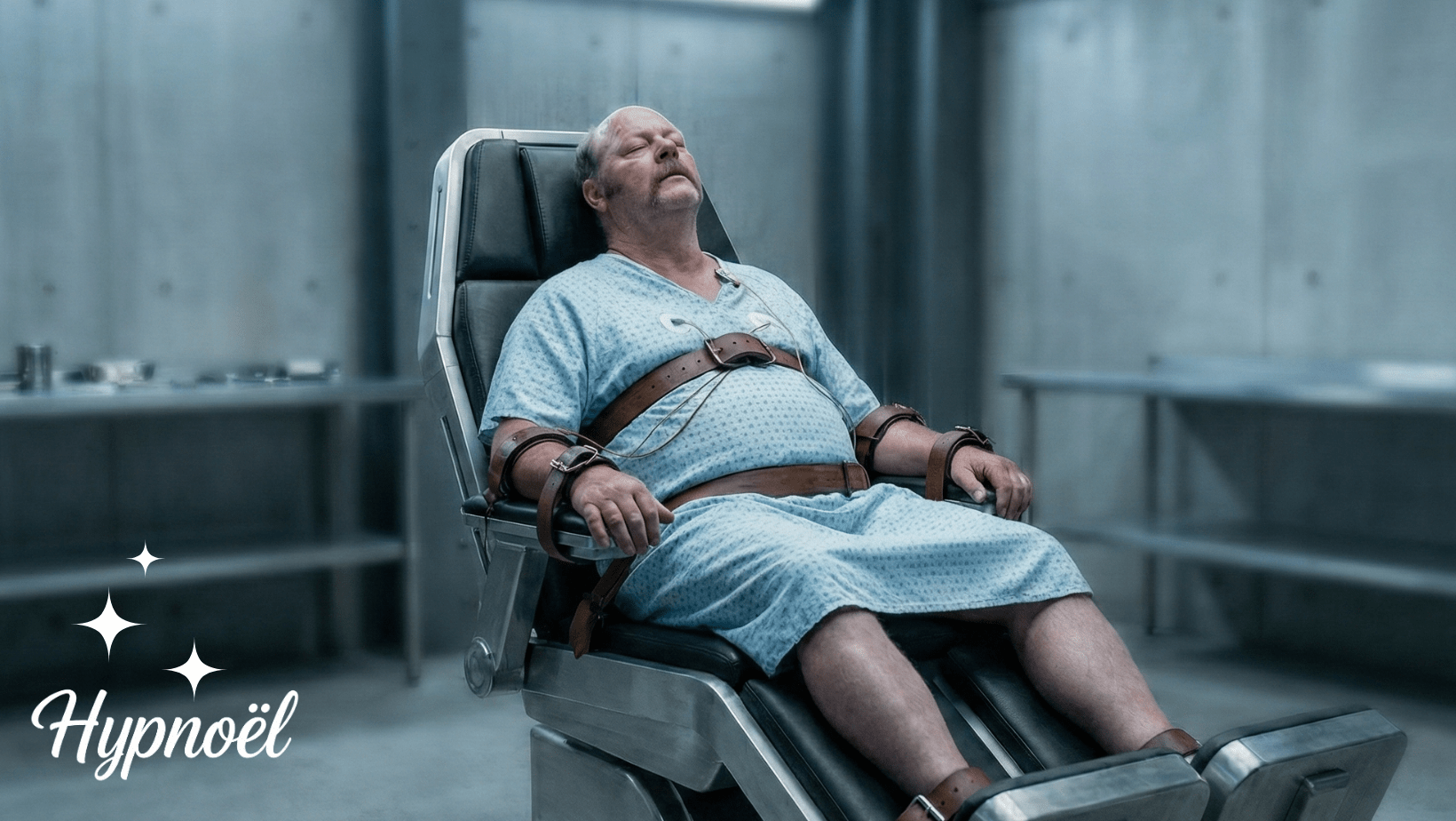 A man in a hospital gown is strapped to a reclining chair in a sterile, gray room, with his head tilted back and eyes closed, appearing unconscious or sedated.