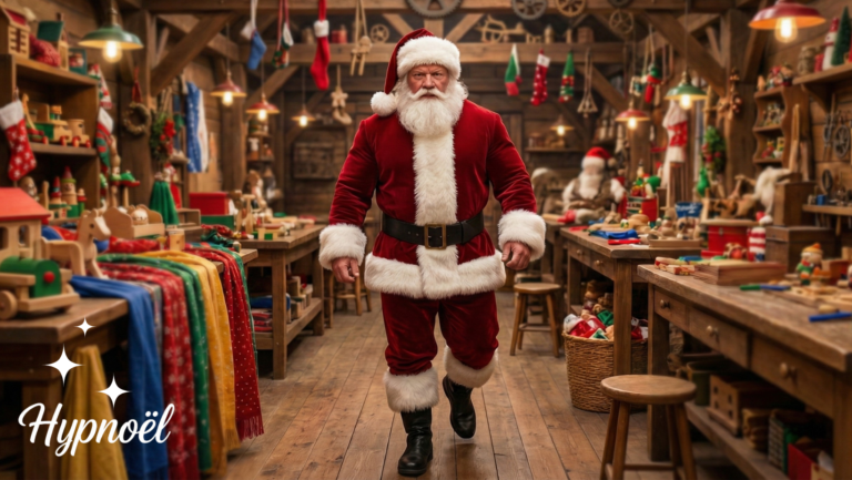 Santa Claus walks confidently through a festive workshop filled with colorful fabrics, toys, and holiday decorations. The word “Hypnoël” appears in the lower left corner with sparkles beside it.