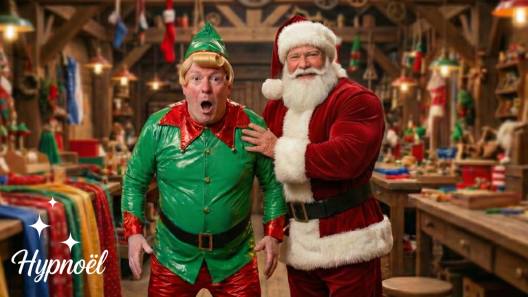 A surprised man dressed as a green and red elf stands next to a smiling Santa Claus in a festive, colorful workshop filled with holiday decorations and presents. The word Hypnoël appears in the bottom left corner.