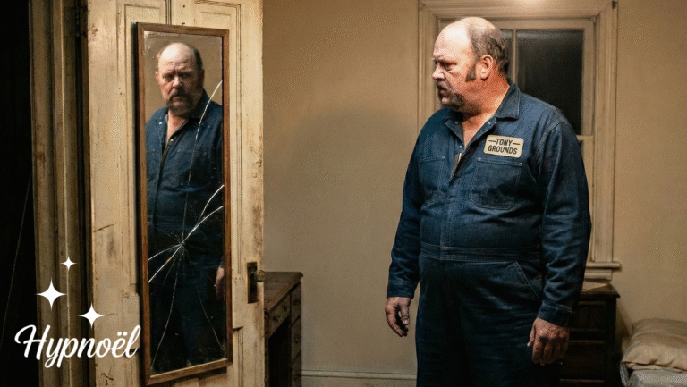 A man in blue coveralls stands in a dimly lit room, staring seriously at his reflection in a cracked mirror on an old wooden door. The room appears worn and sparsely furnished.