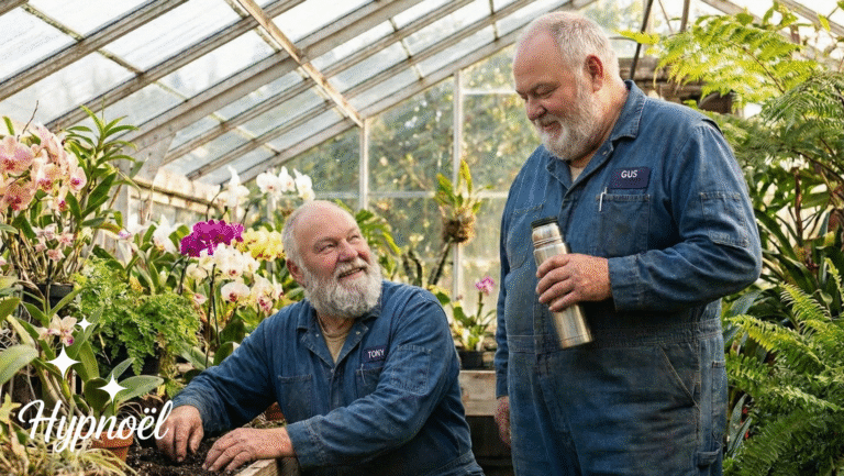 Two older men with white hair and beards, dressed in blue coveralls, are smiling and talking in a greenhouse filled with lush plants and flowers. One is holding a thermos, while the other is sitting with gardening tools.