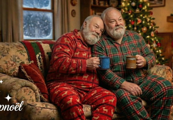 Two older men in festive pajamas sit on a cozy couch, smiling and holding mugs. A Christmas tree and holiday decorations are in the background, with snow falling outside the window, creating a warm, festive atmosphere.