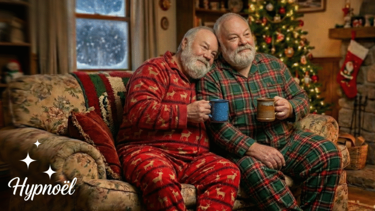 Two older men in festive pajamas sit on a cozy couch, smiling and holding mugs. A Christmas tree and holiday decorations are in the background, with snow falling outside the window, creating a warm, festive atmosphere.