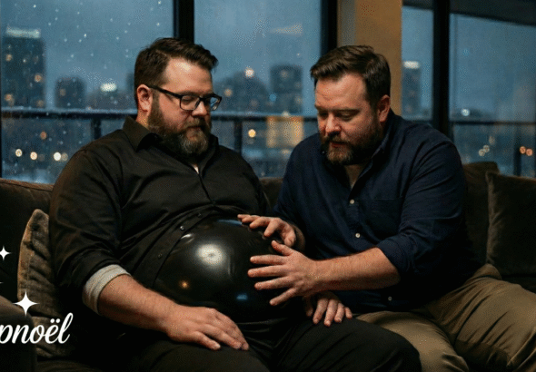 Two men sit closely on a couch by a large window at night. One man has a round, rubber belly, and the other gently touches it, both appearing thoughtful and focused. City lights are visible outside.