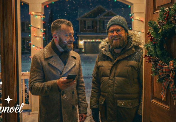 Two men in winter coats stand at a decorated front door, one holding a phone. Its snowing outside and Christmas lights glow around the porch. A holiday wreath hangs on the door. The word Hypnoël appears in the corner.