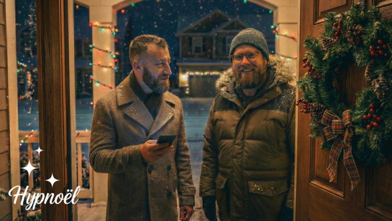 Two men in winter coats stand at a decorated front door, one holding a phone. Its snowing outside and Christmas lights glow around the porch. A holiday wreath hangs on the door. The word Hypnoël appears in the corner.