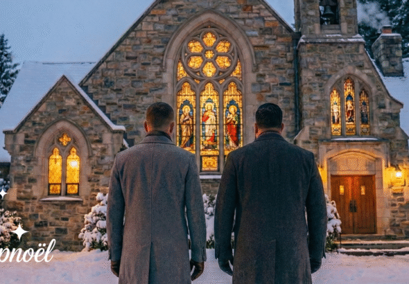 Two people in winter coats stand in front of a stone church with glowing stained-glass windows, surrounded by snow and trees at dusk.