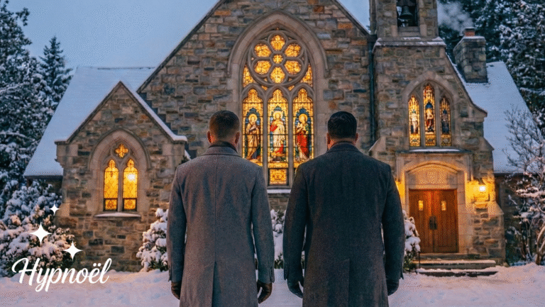 Two people in winter coats stand in front of a stone church with glowing stained-glass windows, surrounded by snow and trees at dusk.