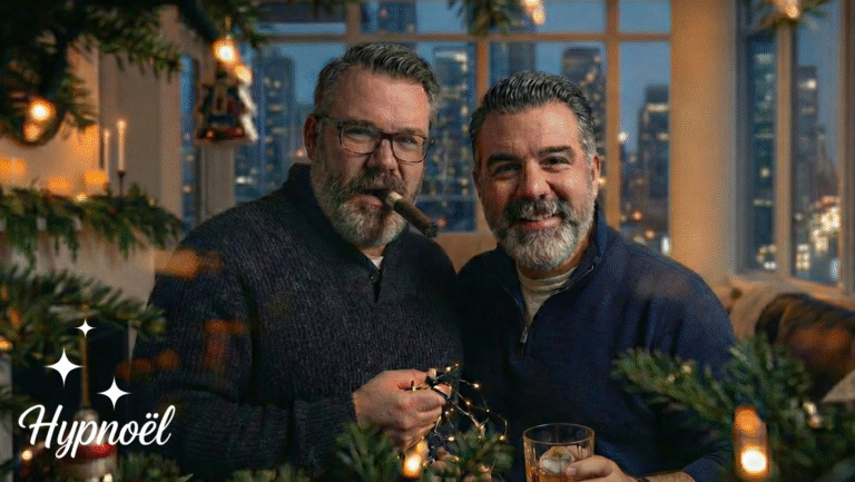 Two smiling men with beards stand close together in a warmly lit room decorated for Christmas, one with a ciagr and holding string lights and the other with a glass of whiskey, with a city skyline visible through large windows behind them. “Hypnoël” is written in the bottom left corner.