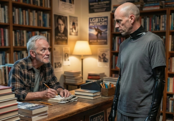 An older man sits at a desk in a cozy bookstore, writing in a notebook, while a bald man with a serious expression and wearing a black latex suit and t-shirt stands nearby. Bookshelves and posters fill the warmly lit room.