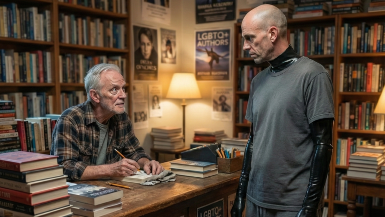 An older man sits at a desk in a cozy bookstore, writing in a notebook, while a bald man with a serious expression and wearing a black latex suit and t-shirt stands nearby. Bookshelves and posters fill the warmly lit room.